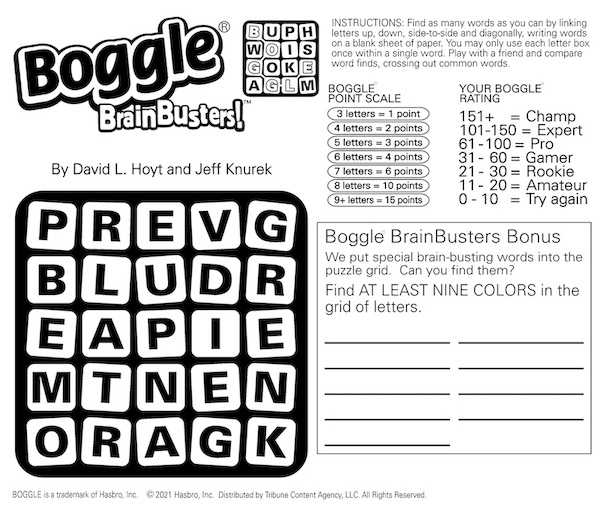 Boggle BrainBusters Monday Challenge - find the colors in the Boggle cube of letters