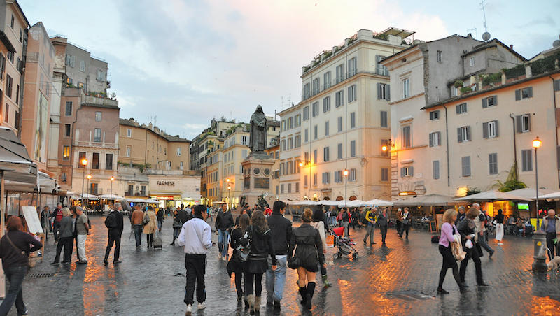 The heretic Giordano Bruno stands on the spot where he was burned. Part of the appeal, history, and romance in Rome