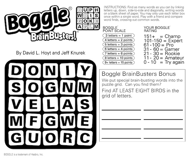Boggle BrainBusters bird search word search puzzle