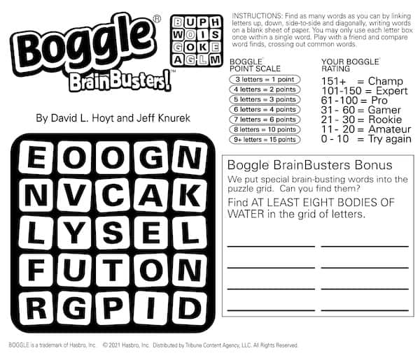 Boggle word search puzzle for Dec. 27 2021 at Boomer Magazine