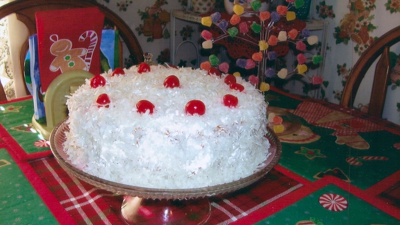 My Mother’s Traditional Coconut Cake: the coconut cake with maraschino cherries in 2011