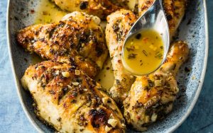 Recipe of Johnny's Greek Chicken, a recipe from America's Test Kitchen based on Johnny's Restaurant in Homewood, Alabama. As the chicken cooked, the marinade and the chicken juices transformed into a deeply flavorful pan sauce. Image