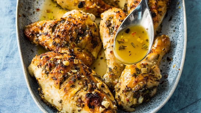 Recipe of Johnny's Greek Chicken, a recipe from America's Test Kitchen based on Johnny's Restaurant in Homewood, Alabama. As the chicken cooked, the marinade and the chicken juices transformed into a deeply flavorful pan sauce.