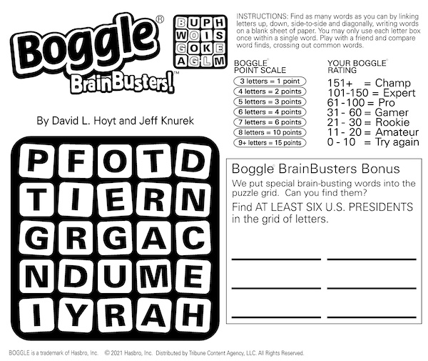 Puzzle - Boggle BrainBusters Find the Presidents and other words hidden in the letters