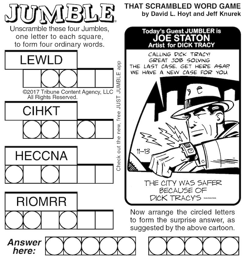 jumble puzzle fun for adults - Dick Tracy cartoon as the clue