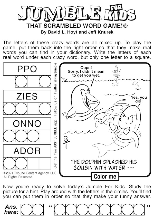 jumble puzzle fun for kids - dolphin and cousin splashing in the water