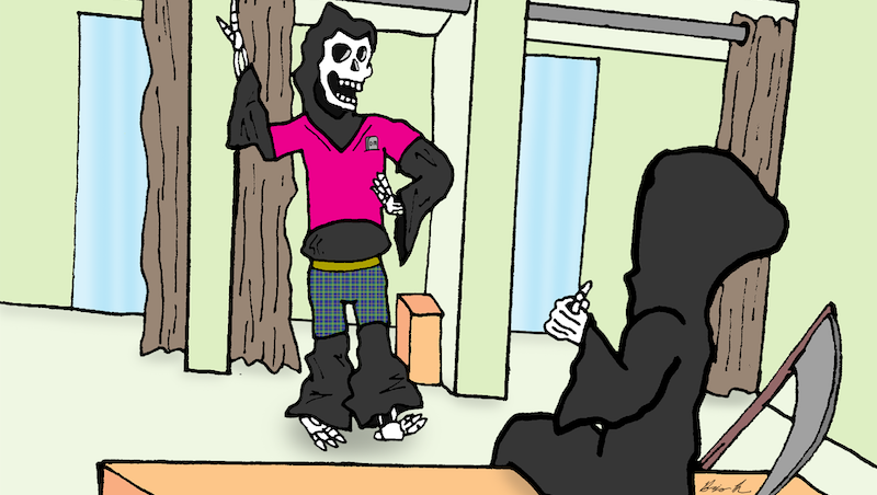 Cartoon needing a caption: Death with a skeleton trying on clothes in a fitting room. For Name That Caption January 2022 Image