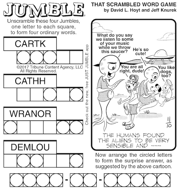Classic Jumble puzzle with aliens as the surprise puzzle answer.