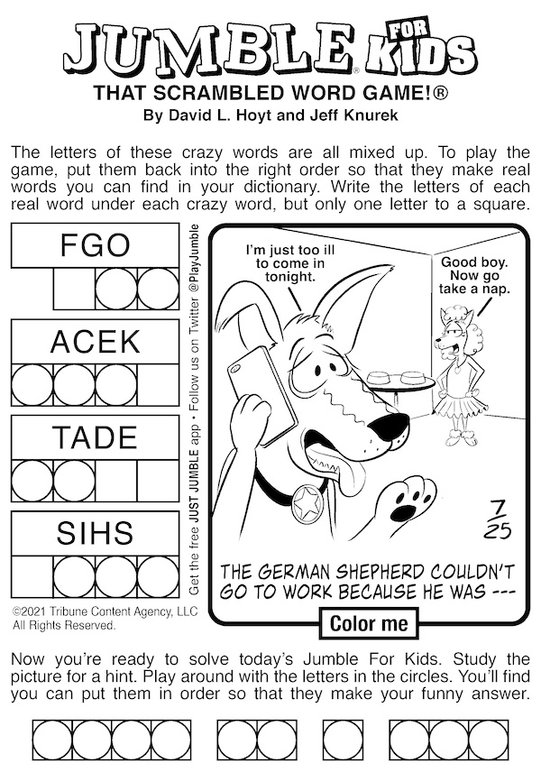 Jumble puzzle for kids and adults - kids puzzle with a German shepherd surprise clue