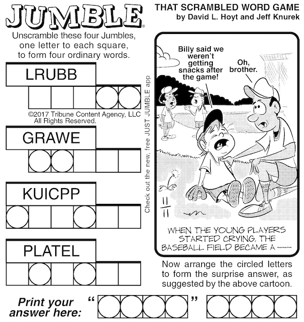 Classic Jumble puzzle with a Little League kids' baseball team as surprise puzzle