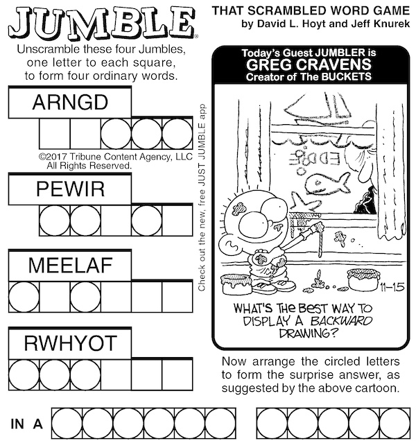 Classic Jumble puzzle, this one feature guest Jumbler cartoonist Greg Cravens, creator of The BUCKETS