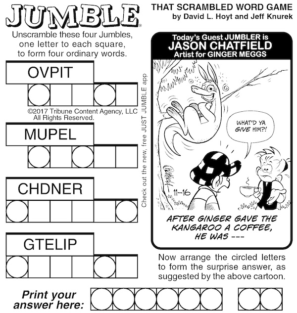This week's Classic Jumble puzzle presents a cartoon by Jason Chatfield, artist for Ginger Meggs