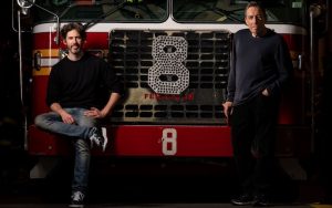 Father and Son, Directors Jason and Ivan Riteman, pose for a portrait at the Hook and Ladder Company 8 Firehouse on Friday, Oct. 8, 2021 in New York, NY. (Kent Nishimura / Los Angeles Times). For article, Ray Parker Jr. Remembers Ivan Reitman Image