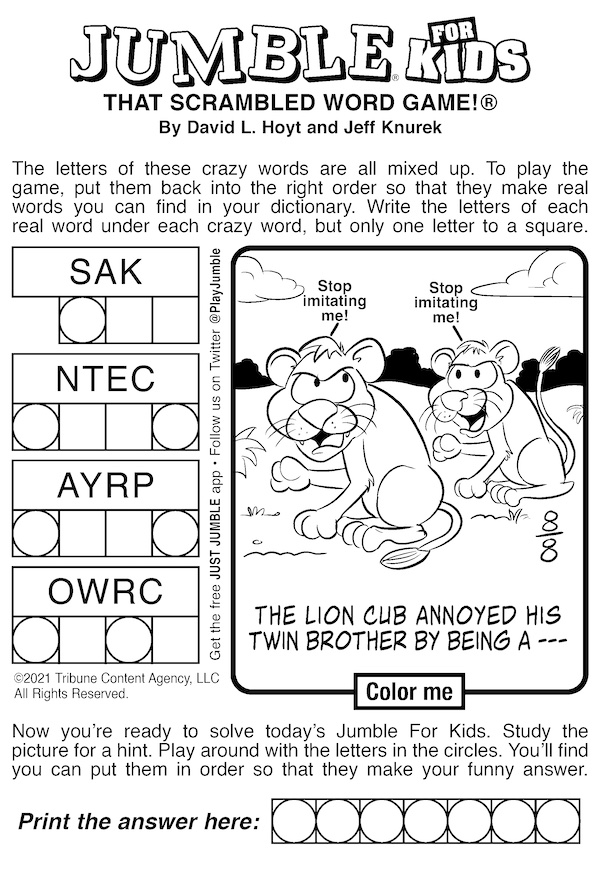 Jumble puzzles for kids: lion cubs clue