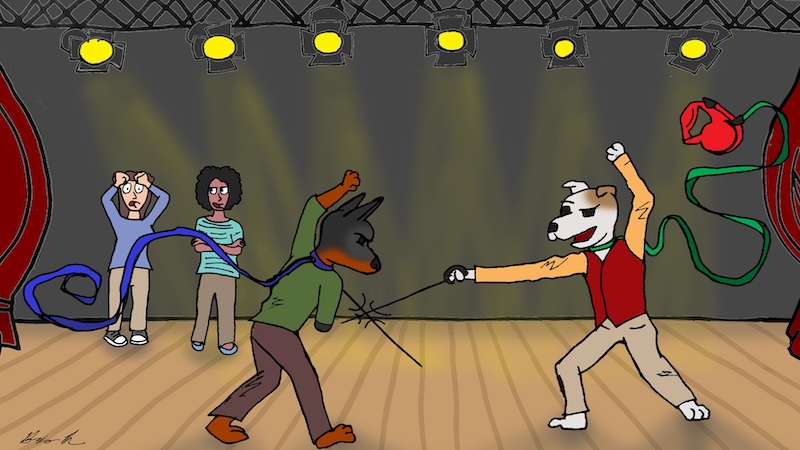 Cartoon caption contest: March 2022 - two dogs fencing on a stage with the owners looking on