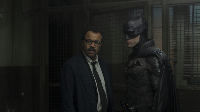 Jeffrey Wright (left) as Lt. James Gordon and Robert Pattinson in â€œThe Batman." (Warner Bros. Pictures/TNS). "The Batman" goes darker than “The Dark Knight,” deadlier than “No Time to Die” and longer than “Dune” with a sullen, serious-minded antihero.
