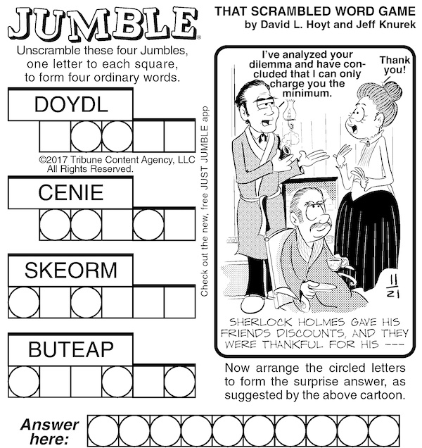 Classic Jumble - with Sherlock Holmes as part of the bonus humorous answer 