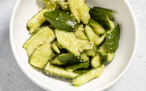 Inspired by pai huang gua from the Sichuan region of China, this smashed cucumber salad exposes more surface area to soak up the dressing. From America's Test Kitchen Image