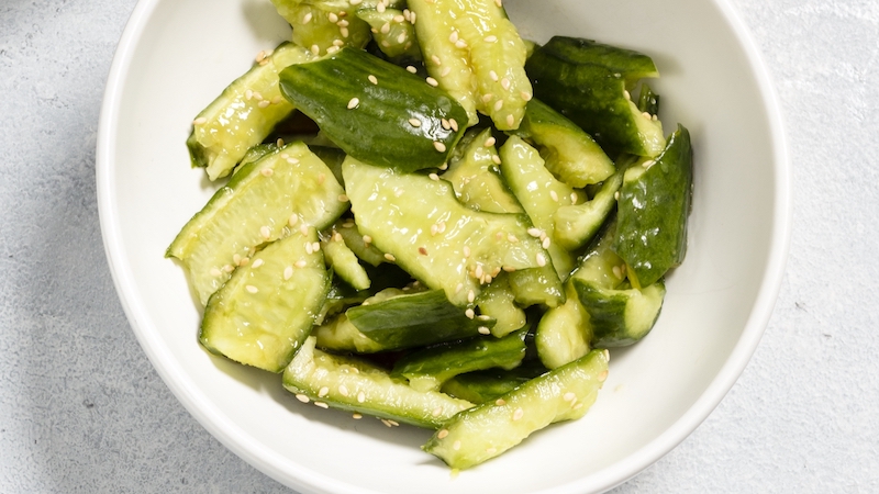 Inspired by pai huang gua from the Sichuan region of China, this smashed cucumber salad exposes more surface area to soak up the dressing. From America's Test Kitchen