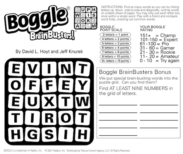 word search Boggle puzzle - up this week, find the numbers