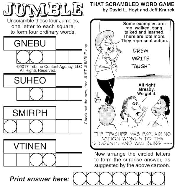 Brain boosting Classic Jumble puzzle, with "verb" answer