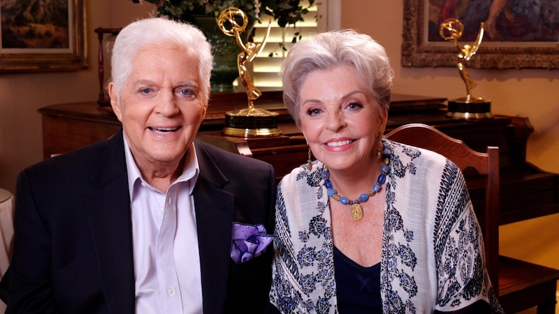 Bill Hayes and Susan Seaforth Hayes in their living room filming Secrets of Soap Opera Lovers - provided by publicist - for article on Bill and Susan Hayes Image
