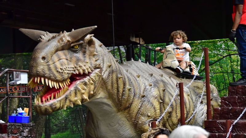 Picture from Jurassic Quest, with a child "riding" a pretend dinosaur. For What's Booming article, Dinosaurs and daffodils, plus Legends on Grace and a Jagger-ish performance in the West End. And a popular craft beer festival returns to Williamsburg.
