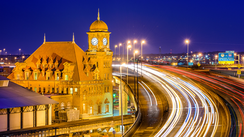 Main Street Station Richmond at night Photo by Sean Pavone Dreamstime. For article, What's Booming, Runway 2 Life which will be held at the historic railroad station Image