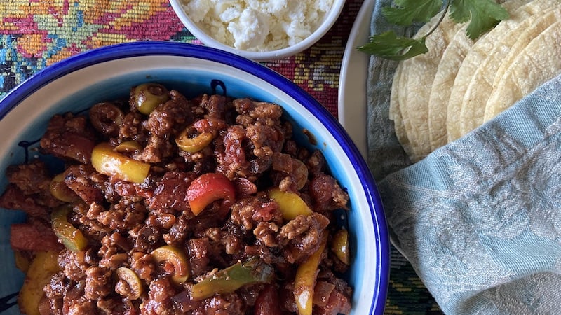 A little chipotle chile adds smoky notes and punch of heat. Turkey picadillo recipe from JeanMarie Brownson uses ground turkey, fire-roasted tomatoes, soul-warming spices, cheese, raisins, and more.