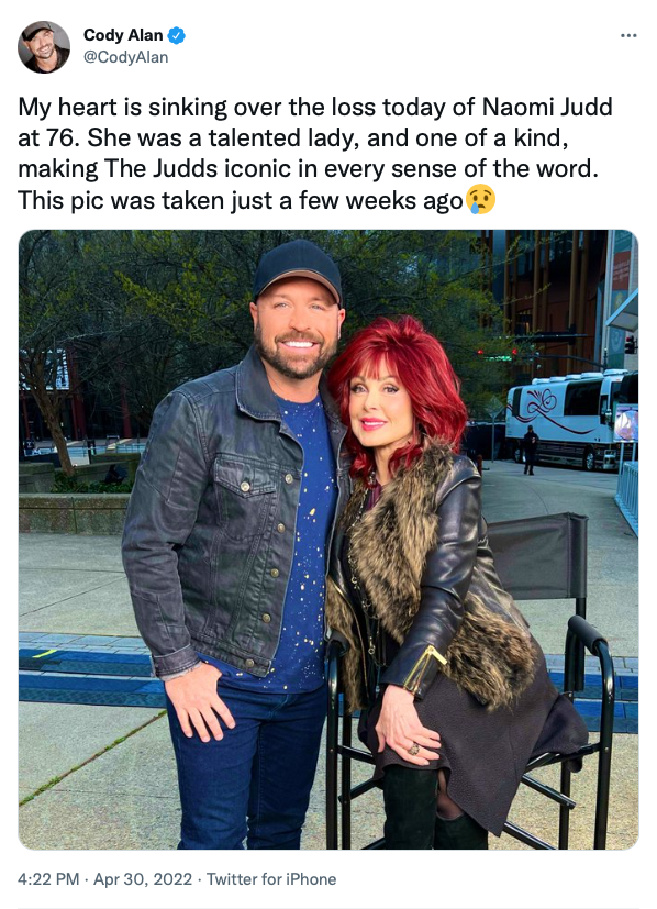 Cody Alan tribute to Naomi Judd, Twitter