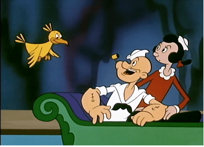 Popeye and Olive Oyl on a carnival love ride greeted by a bird. For article from the book, 'Popeye The Sailor: The 1960s TV Cartoons' by Fred Grandinetti