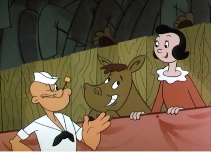 Popeye and Olive Oyl and a horse, in 1960s Popeye TV cartoons