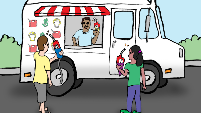 Cartoon of unexpected "ice cream cones" at ice cream truck with two kids. Boomer Name That Caption May 2022