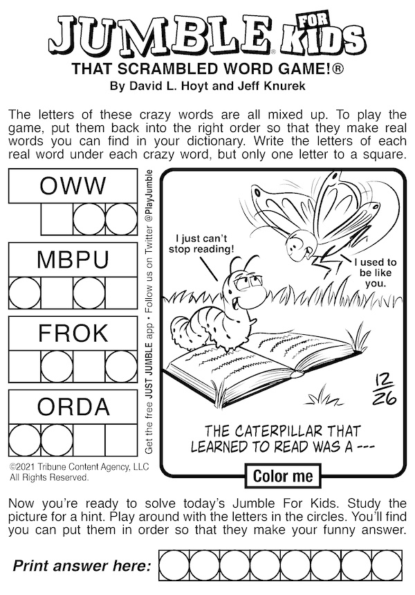 jumble puzzle for kids for this week, of comedians and caterpillars