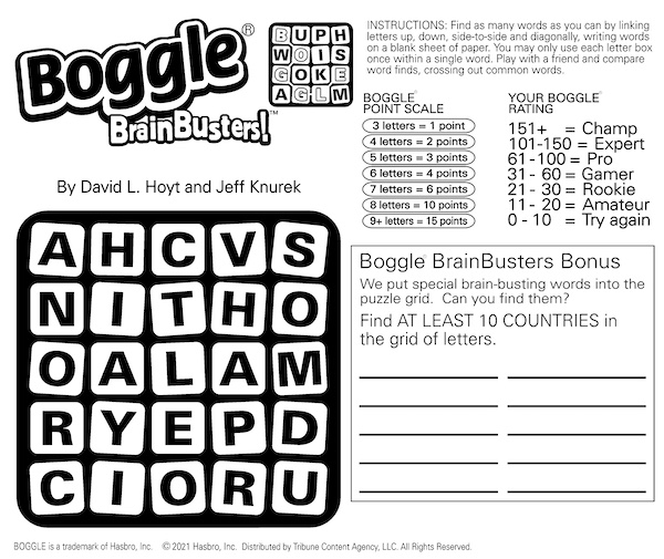 Boggle for hidden countries in this Boggle BrainBusters word search puzzle