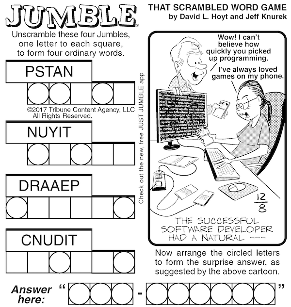 classic Jumble puzzle with new software developer as part of the clue. For kids and adults Jumble puzzle, twins and games