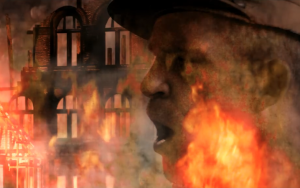 Screenshot from film of soldier watching as Richmond, Virginia, burns at the end of the Civil War. The American Civil War Museum film “A People’s Contest: America’s Civil War & Emancipation” uses state-of-the-art technology to cover the war. Image