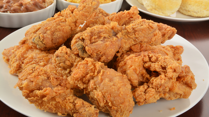 platter of fried chicken - photo by Msphotographic, Dreamstime. Make a landing at King’s Korner restaurant at Chesterfield County Airport, for chicken and barbecue, buffets and brunches, and airplanes.