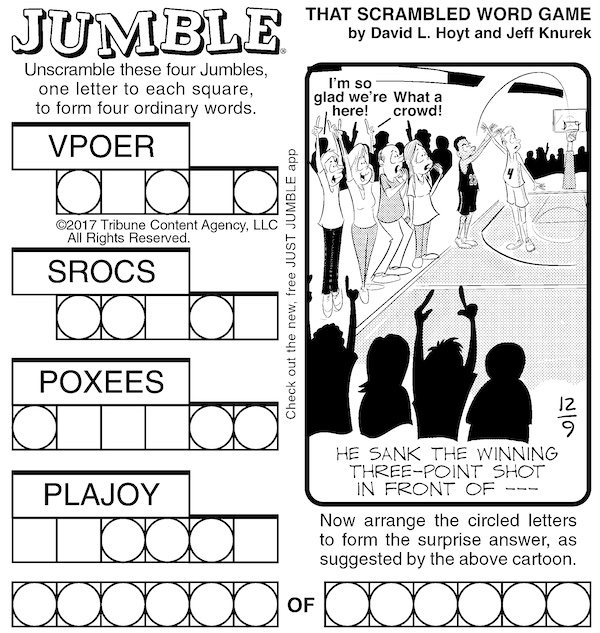 Classic Jumble puzzle, basketball court pun for surprise answer