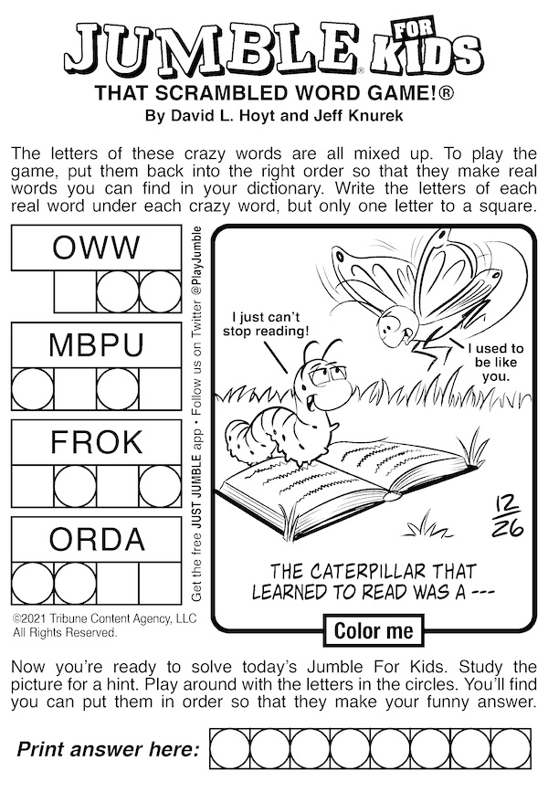 This week's Jumble puzzle for kids, in the week of basketballs and books