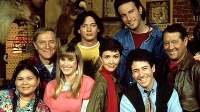 Cynthia Geary, front second from left, and the cast of 'Northern Exposure.' CBS publicity photo