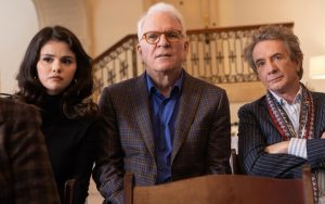 From left, Selena Gomez, Steve Martin and Martin Short in "Only Murders in the Building." (Craig Blankenhorn/Hulu/TNS) Image
