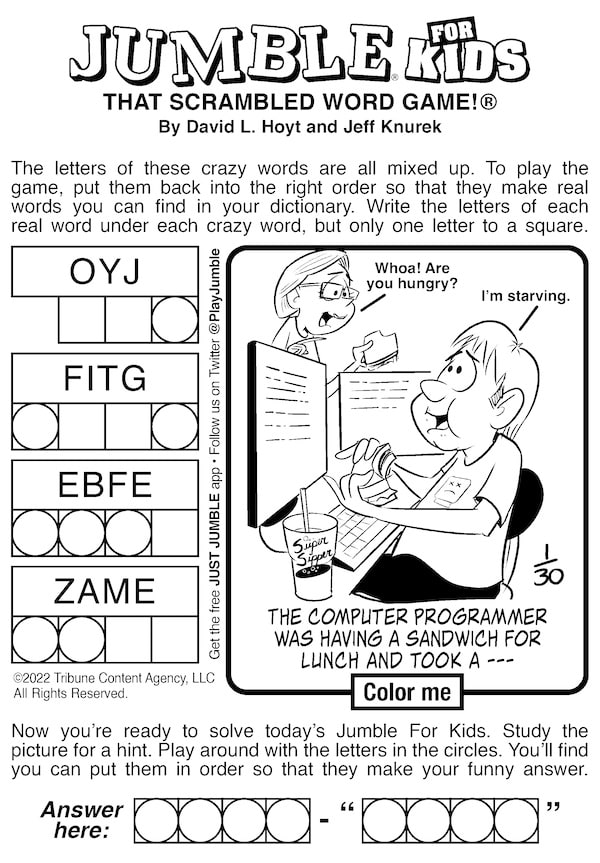 Jumble scrambled word puzzle for kids for this week's Jumble for Adults and Kids: Of Techies and Moonshiners