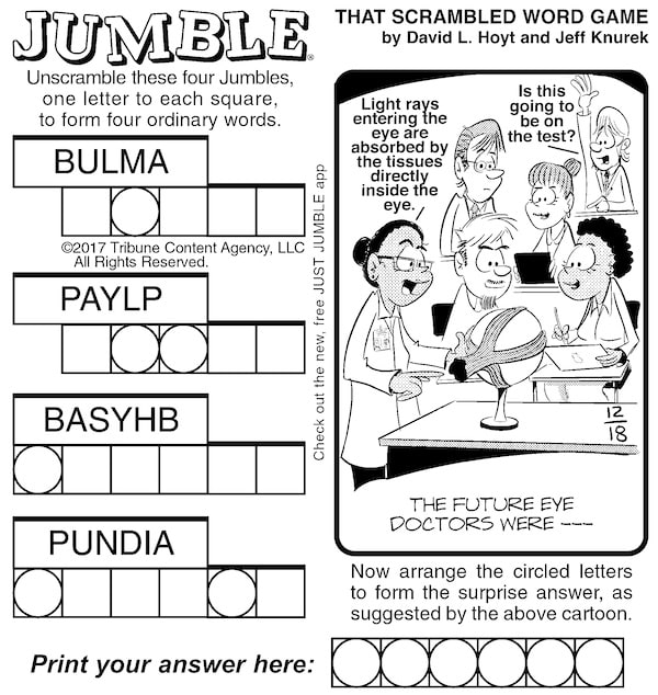 This week's Jumble puzzles feature eye docs and trains, for kids and the classic puzzle for adults