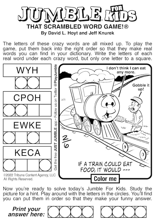 This week's Jumble puzzles feature eye docs and trains, for kids and the classic puzzle for adults