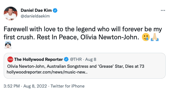 Daniel Dae Kim on Twitter on the death of Olivia Newton-John