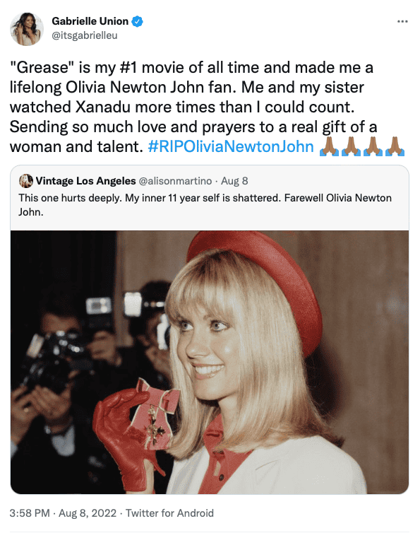 Gabrielle Union on Twitter on the death of Olivia Newton-John