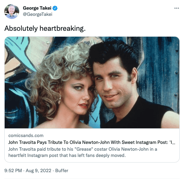 George Takei on Twitter on the death of Olivia Newton-John