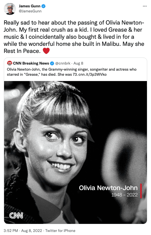 James Gunn on Twitter on the death of Olivia Newton-John