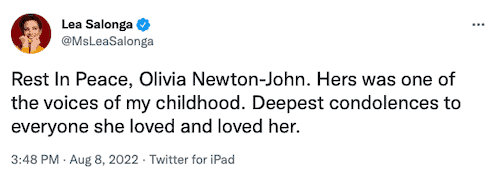 Lea Salonga on Twitter on the death of Olivia Newton-John
